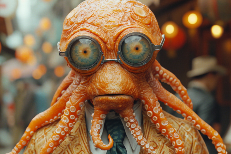 A man in a formal suit and tie is depicted with an unusual and surreal octopus head. The image shows the man standing with a confident posture, wearing a white hat and red tie. The octopus head has large, expressive eyes and tentacles that drape down over the man''s shoulders. The overall color scheme is earthy and warm, with tones of brown and orange dominating the scene. The man''s expression is not visible due to the octopus head, but his body language suggests a sense of professionalism. The image is unique and intriguing, blending elements of human and sea creature anatomy.