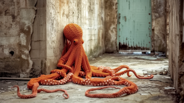 In this image, we see a crocheted octopus sitting on the ground in a room. The octopus has an orange and red color scheme with intricate crochet details on its head. Its tentacles are wrapped around its body, giving it a lifelike appearance. The room is dimly lit, with a cozy atmosphere, emphasizing the handmade nature of the crochet octopus. The overall color palette includes shades of brown, beige, and cream. The scene evokes a sense of whimsy and creativity, showcasing the artistry of the crocheted octopus.