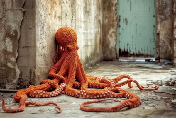 In this image, we see a crocheted octopus sitting on the ground in a room. The octopus has an orange and red color scheme with intricate crochet details on its head. Its tentacles are wrapped around its body, giving it a lifelike appearance. The room is dimly lit, with a cozy atmosphere, emphasizing the handmade nature of the crochet octopus. The overall color palette includes shades of brown, beige, and cream. The scene evokes a sense of whimsy and creativity, showcasing the artistry of the crocheted octopus.