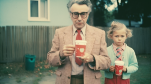 In this image, we see a man and a little girl standing together, both holding cups of coffee. The man is wearing a suit and glasses, while the little girl is wearing a casual outfit. The man''s face shows a mature age, possibly around 55 years old, and he is holding his coffee cup with a heart design on it. The little girl looks to be around 6 years old. The man''s attire suggests a formal setting, possibly a business or professional environment. The background shows a trash bin can and a belt, adding to the scene''s context.