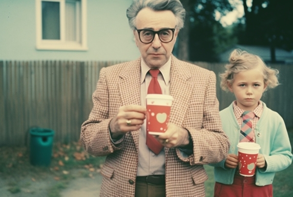 In this image, we see a man and a little girl standing together, both holding cups of coffee. The man is wearing a suit and glasses, while the little girl is wearing a casual outfit. The man''s face shows a mature age, possibly around 55 years old, and he is holding his coffee cup with a heart design on it. The little girl looks to be around 6 years old. The man''s attire suggests a formal setting, possibly a business or professional environment. The background shows a trash bin can and a belt, adding to the scene''s context.