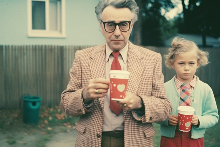 In this image, we see a man and a little girl standing together, both holding cups of coffee. The man is wearing a suit and glasses, while the little girl is wearing a casual outfit. The man''s face shows a mature age, possibly around 55 years old, and he is holding his coffee cup with a heart design on it. The little girl looks to be around 6 years old. The man''s attire suggests a formal setting, possibly a business or professional environment. The background shows a trash bin can and a belt, adding to the scene''s context.