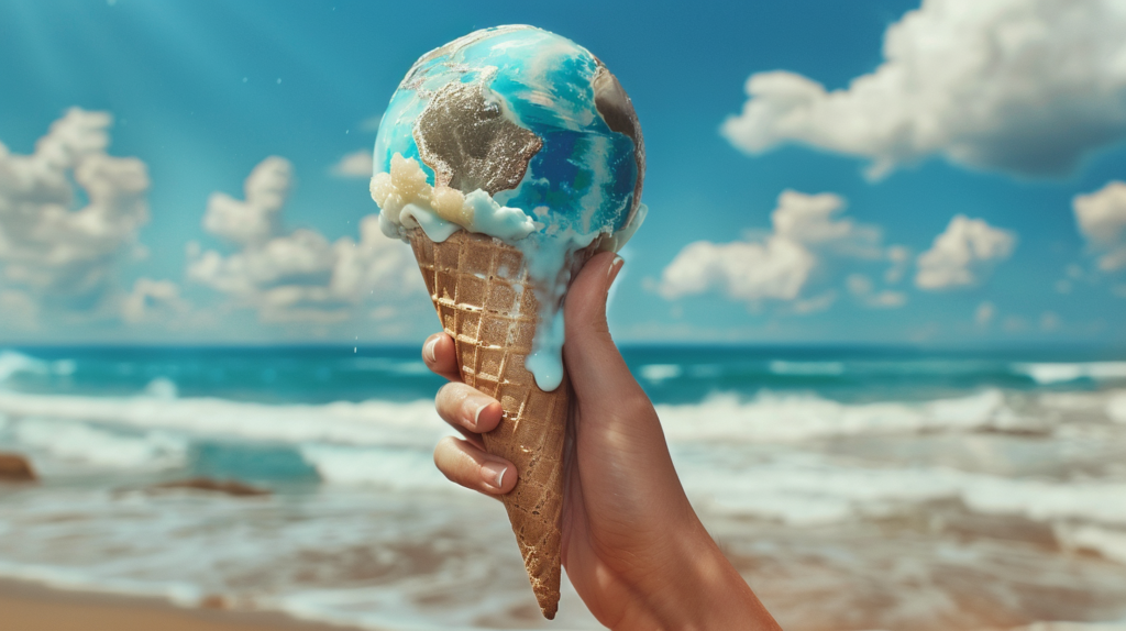 A person is standing on a beach, holding a cone of ice cream with a planet on it. The ice cream cone has a blue swirl design on it. The person''s hand is gripping the cone tightly as they enjoy their sweet treat. The sky above them is a beautiful shade of blue with fluffy white clouds scattered around. The person seems to be savoring the moment, enjoying the refreshing dessert in the warm beach setting. The colors in the image include shades of blue, brown, and green, creating a soothing and serene atmosphere