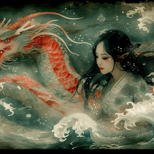 A stunning painting depicts a young woman with long black hair standing in the water, accompanied by a majestic dragon. The woman is gazing out towards a powerful wave, symbolizing a sense of adventure and bravery. The intricate details of the dragon and the wave add a sense of fantasy and mystery to the scene. The color palette includes earthy tones like brown, green, and beige, with a striking accent of deep orange. This artwork conveys a sense of magic and wonder, inviting the viewer to imagine themselves in a world where mythical creatures roam the seas.