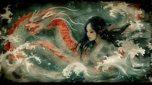 A stunning painting depicts a young woman with long black hair standing in the water, accompanied by a majestic dragon. The woman is gazing out towards a powerful wave, symbolizing a sense of adventure and bravery. The intricate details of the dragon and the wave add a sense of fantasy and mystery to the scene. The color palette includes earthy tones like brown, green, and beige, with a striking accent of deep orange. This artwork conveys a sense of magic and wonder, inviting the viewer to imagine themselves in a world where mythical creatures roam the seas.