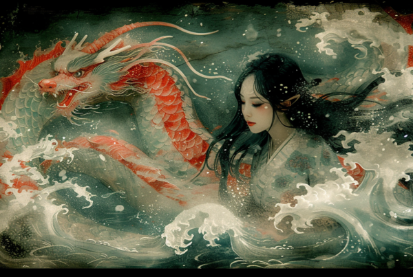A stunning painting depicts a young woman with long black hair standing in the water, accompanied by a majestic dragon. The woman is gazing out towards a powerful wave, symbolizing a sense of adventure and bravery. The intricate details of the dragon and the wave add a sense of fantasy and mystery to the scene. The color palette includes earthy tones like brown, green, and beige, with a striking accent of deep orange. This artwork conveys a sense of magic and wonder, inviting the viewer to imagine themselves in a world where mythical creatures roam the seas.