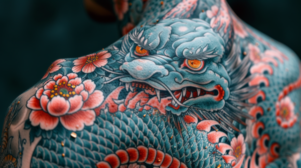A man with a dragon tattoo on his back is featured in the image. The tattoo depicts a detailed dragon with a red eye. The man''s back is prominently displayed, showcasing the intricate design of the tattoo. The colors of the tattoo include shades of blue, red, and brown. The man has his arms by his sides, emphasizing the tattoo on his back. The background is blurred, drawing attention to the central focus of the image - the dragon tattoo. The man appears to have a strong and muscular build, adding to the overall aesthetic of the tattoo.