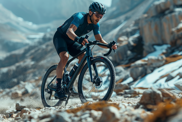 A man is riding a bike down a rocky mountain trail. He is wearing a helmet and sunglasses for protection. The man is dressed in a blue shirt and sneakers. The rocky terrain is challenging, but he navigates it with skill. In one hand, he holds a bottle of water, ensuring he stays hydrated during his ride. The bike itself is a mountain bike, with sturdy wheels designed for rough terrain. The scene is picturesque, with the man blending in with the natural surroundings as he enjoys his adventurous ride.