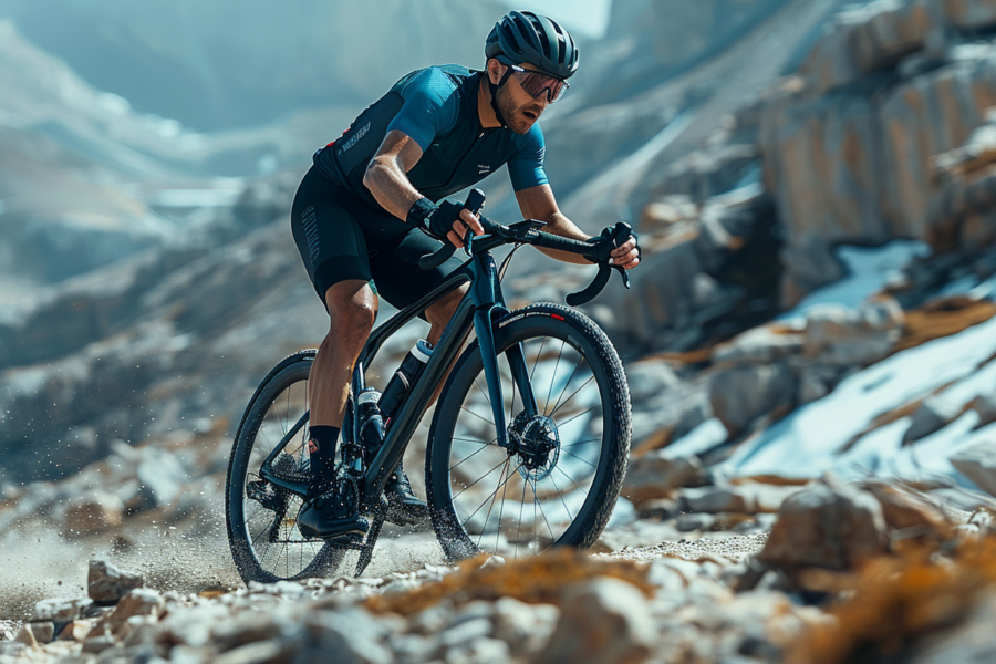 A man is riding a bike down a rocky mountain trail. He is wearing a helmet and sunglasses for protection. The man is dressed in a blue shirt and sneakers. The rocky terrain is challenging, but he navigates it with skill. In one hand, he holds a bottle of water, ensuring he stays hydrated during his ride. The bike itself is a mountain bike, with sturdy wheels designed for rough terrain. The scene is picturesque, with the man blending in with the natural surroundings as he enjoys his adventurous ride.
