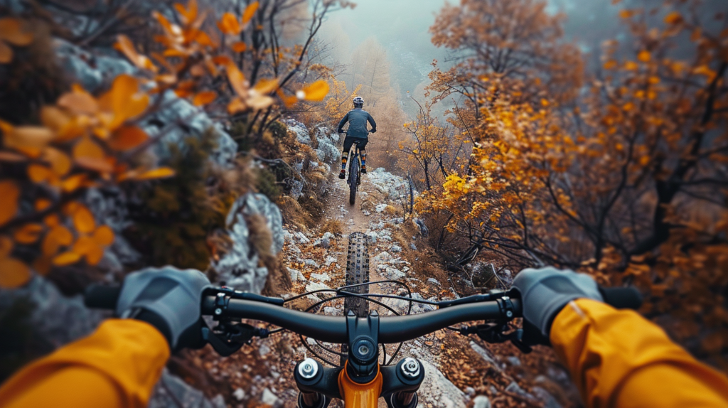 A person is riding a yellow mountain bike down a dirt road in a forest. The individual is wearing gloves, a helmet, and sneakers. The bike has yellow accents and the rider is dressed in a yellow jacket. The scene is captured in a close-up shot, showcasing the person''s determined expression as they navigate the rocky trail. The vibrant colors of the environment, including the green trees and brown earth, contrast with the yellow elements of the bike and clothing. The image conveys a sense of adventure and outdoor exploration.