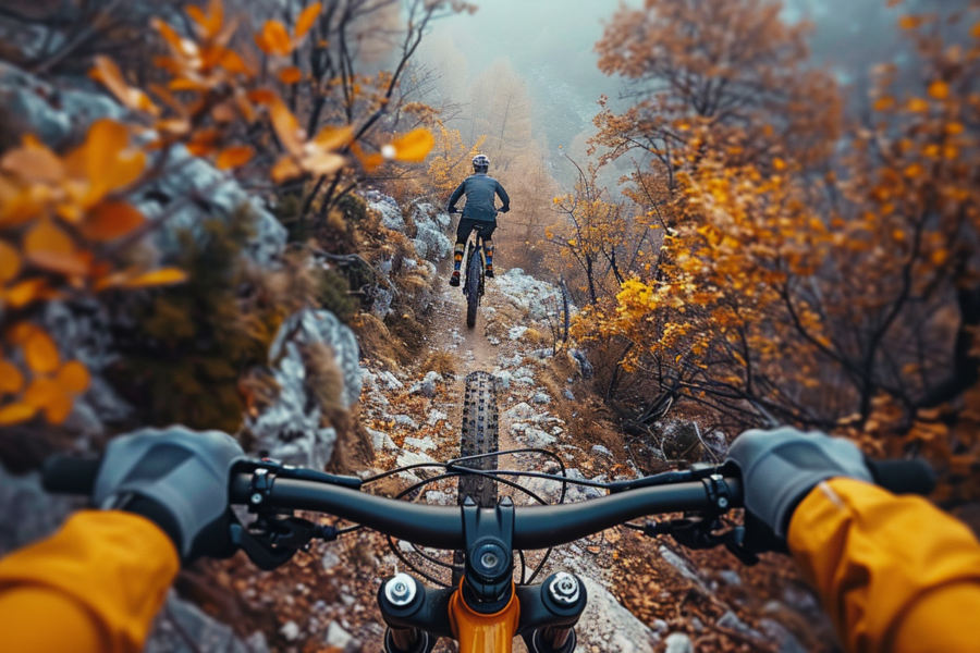 A person is riding a yellow mountain bike down a dirt road in a forest. The individual is wearing gloves, a helmet, and sneakers. The bike has yellow accents and the rider is dressed in a yellow jacket. The scene is captured in a close-up shot, showcasing the person''s determined expression as they navigate the rocky trail. The vibrant colors of the environment, including the green trees and brown earth, contrast with the yellow elements of the bike and clothing. The image conveys a sense of adventure and outdoor exploration.