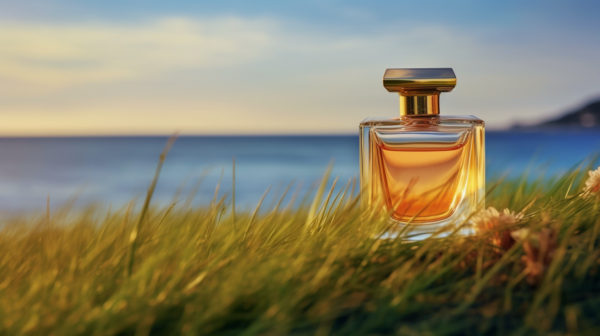 A bottle of perfume is elegantly placed on top of a grass-covered hill that overlooks a vast ocean. The scene is serene and picturesque, with the bottle standing out against the lush green grass. The ocean glistens in the background, creating a peaceful and calming atmosphere. The perfume bottle exudes luxury and beauty, contrasting with the natural elements surrounding it. This image captures the essence of relaxation and sophistication, with the bottle serving as a focal point in the tranquil setting by the sea.