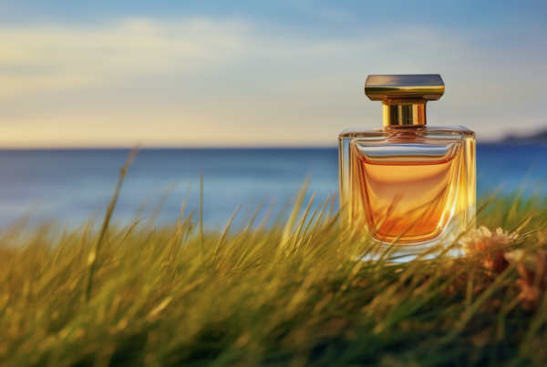 A bottle of perfume is elegantly placed on top of a grass-covered hill that overlooks a vast ocean. The scene is serene and picturesque, with the bottle standing out against the lush green grass. The ocean glistens in the background, creating a peaceful and calming atmosphere. The perfume bottle exudes luxury and beauty, contrasting with the natural elements surrounding it. This image captures the essence of relaxation and sophistication, with the bottle serving as a focal point in the tranquil setting by the sea.