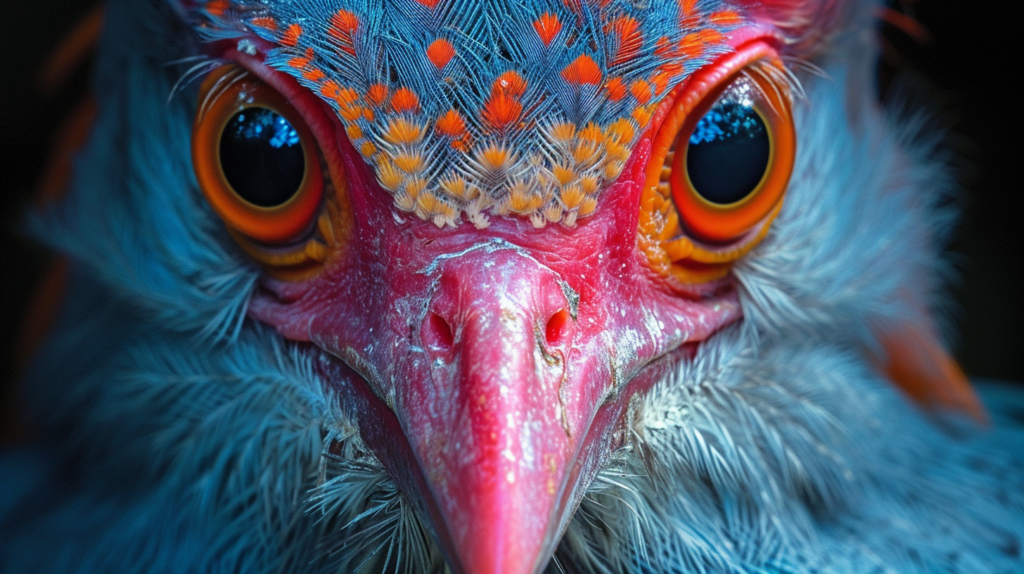 In this image, we see a close-up of a bird with a very colorful face. The bird''s face is adorned with vibrant hues of blue, red, pink, and various other colors, creating a striking and eye-catching pattern. The bird''s bright red beak stands out prominently against its colorful face. The intricate design on the bird''s face adds to its beauty, making it a visually captivating sight. The image is sharp and detailed, allowing us to appreciate the unique features of this colorful bird up close.