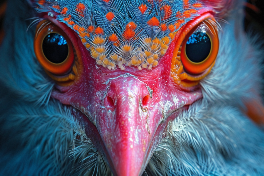 In this image, we see a close-up of a bird with a very colorful face. The bird''s face is adorned with vibrant hues of blue, red, pink, and various other colors, creating a striking and eye-catching pattern. The bird''s bright red beak stands out prominently against its colorful face. The intricate design on the bird''s face adds to its beauty, making it a visually captivating sight. The image is sharp and detailed, allowing us to appreciate the unique features of this colorful bird up close.