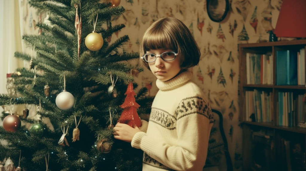 A young girl with glasses is standing next to a beautifully decorated Christmas tree. The girl appears to be around 25 years old, and she is wearing glasses. The Christmas tree is adorned with lights, ornaments, and a star on top. In the background, there is a lamp, a picture frame, and several books on a shelf. The color scheme of the image includes shades of brown, green, and black. The scene evokes a cozy and festive atmosphere, perfect for the holiday season.