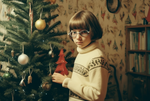 A young girl with glasses is standing next to a beautifully decorated Christmas tree. The girl appears to be around 25 years old, and she is wearing glasses. The Christmas tree is adorned with lights, ornaments, and a star on top. In the background, there is a lamp, a picture frame, and several books on a shelf. The color scheme of the image includes shades of brown, green, and black. The scene evokes a cozy and festive atmosphere, perfect for the holiday season.