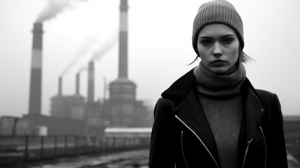 A woman wearing a stylish black jacket and a hat is standing confidently in front of a factory. The photograph is in black and white, emphasizing the classic and timeless look of the scene. The woman''s outfit consists of a sleek jacket and a chic hat, giving her a sophisticated appearance. She appears to be in her early twenties and exudes a sense of confidence and grace. The background features a large industrial factory, adding an urban and industrial feel to the image. The overall composition evokes a sense of mystery and intrigue, making it a captivating and visually striking photograph.