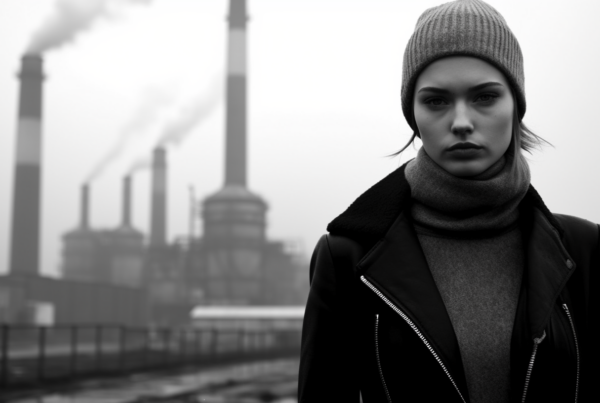 A woman wearing a stylish black jacket and a hat is standing confidently in front of a factory. The photograph is in black and white, emphasizing the classic and timeless look of the scene. The woman''s outfit consists of a sleek jacket and a chic hat, giving her a sophisticated appearance. She appears to be in her early twenties and exudes a sense of confidence and grace. The background features a large industrial factory, adding an urban and industrial feel to the image. The overall composition evokes a sense of mystery and intrigue, making it a captivating and visually striking photograph.