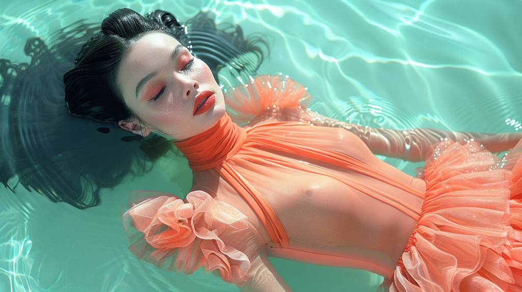 In the image, we see a woman wearing a coral dress floating gracefully in a pool of water. The woman appears to be relaxed and enjoying the serene environment. The pool water reflects beautiful shades of coral, teal, and brown colors. The woman''s dress flows elegantly around her as she lays in the water. The scene evokes a sense of tranquility and leisure, with the woman embodying a sense of peace and contentment. The overall composition of the image conveys a sense of relaxation and luxury, inviting the viewer to imagine themselves in a similar serene setting.