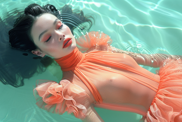 In the image, we see a woman wearing a coral dress floating gracefully in a pool of water. The woman appears to be relaxed and enjoying the serene environment. The pool water reflects beautiful shades of coral, teal, and brown colors. The woman''s dress flows elegantly around her as she lays in the water. The scene evokes a sense of tranquility and leisure, with the woman embodying a sense of peace and contentment. The overall composition of the image conveys a sense of relaxation and luxury, inviting the viewer to imagine themselves in a similar serene setting.
