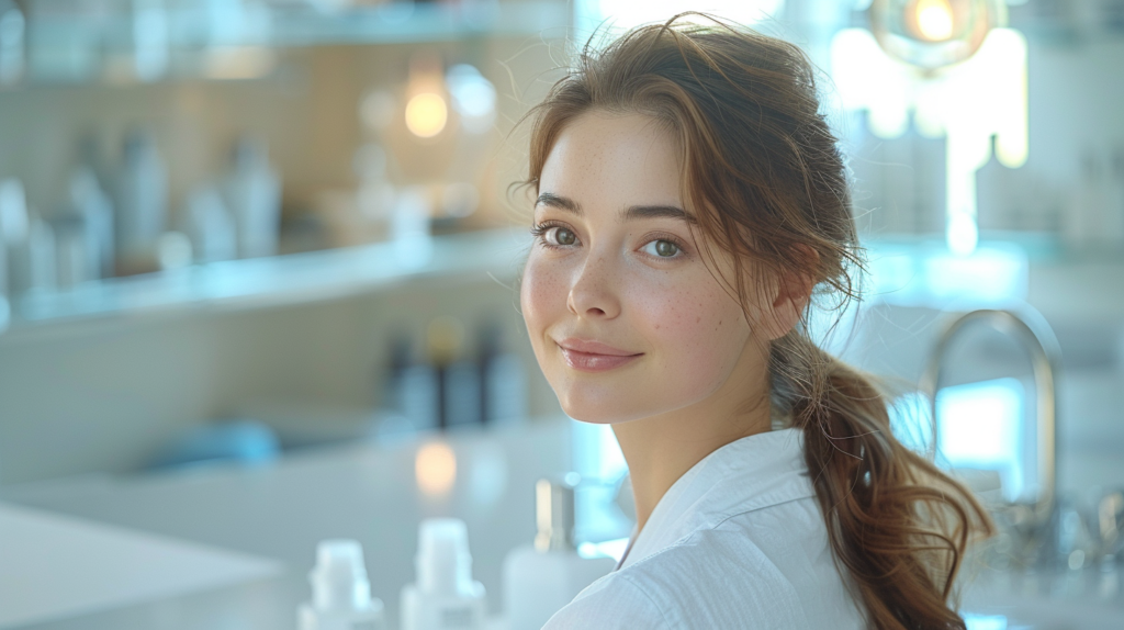 A young woman with a ponytail is standing in front of a counter in a room. She is wearing a white shirt and appears to be looking directly at the camera. The room is well-lit, showcasing various beauty products on the counter behind her. The woman has a calm expression on her face and appears to be in a beauty salon. She has freckles on her face and is surrounded by a variety of bottles and products. The image is focused on the woman, highlighting her features and the products in the background.