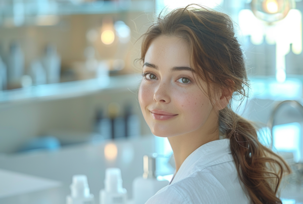 A young woman with a ponytail is standing in front of a counter in a room. She is wearing a white shirt and appears to be looking directly at the camera. The room is well-lit, showcasing various beauty products on the counter behind her. The woman has a calm expression on her face and appears to be in a beauty salon. She has freckles on her face and is surrounded by a variety of bottles and products. The image is focused on the woman, highlighting her features and the products in the background.