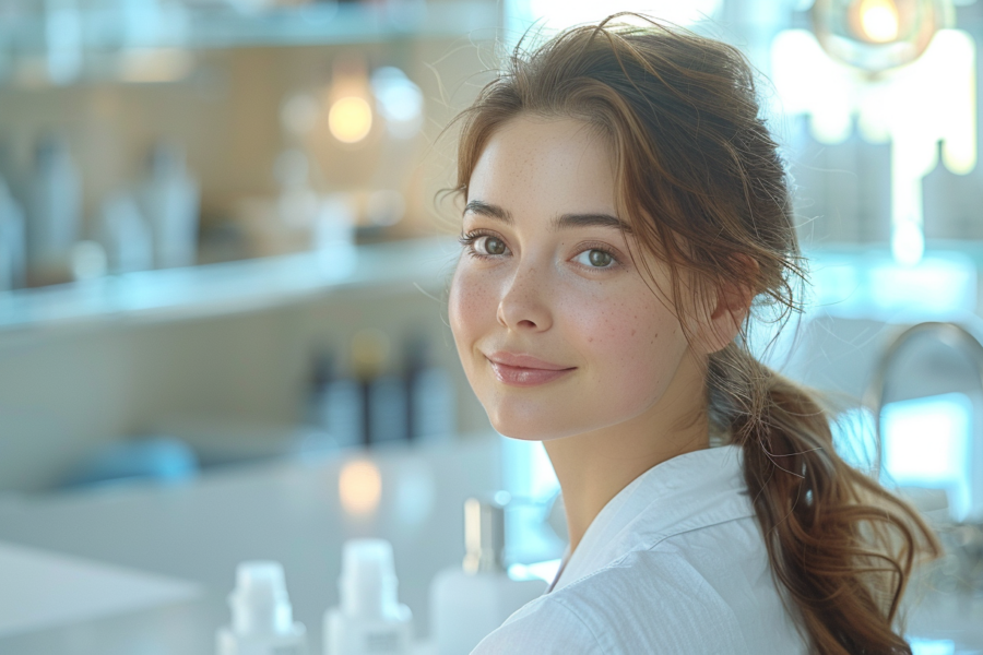 A young woman with a ponytail is standing in front of a counter in a room. She is wearing a white shirt and appears to be looking directly at the camera. The room is well-lit, showcasing various beauty products on the counter behind her. The woman has a calm expression on her face and appears to be in a beauty salon. She has freckles on her face and is surrounded by a variety of bottles and products. The image is focused on the woman, highlighting her features and the products in the background.