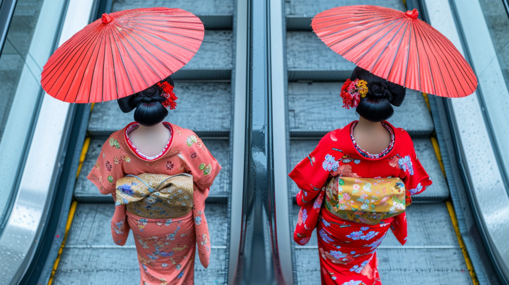 Two women in traditional Japanese kimono attire are gracefully walking down an escalator. One woman is wearing a red kimono and holding a red umbrella, while the other woman is wearing a black kimono. The women are moving elegantly, with the flow of their garments creating a beautiful visual contrast. In the background, there are hints of floral decorations and a subtle glimpse of a necklace. The scene exudes a sense of cultural charm and sophistication, capturing a moment of timeless elegance and grace in a modern setting.