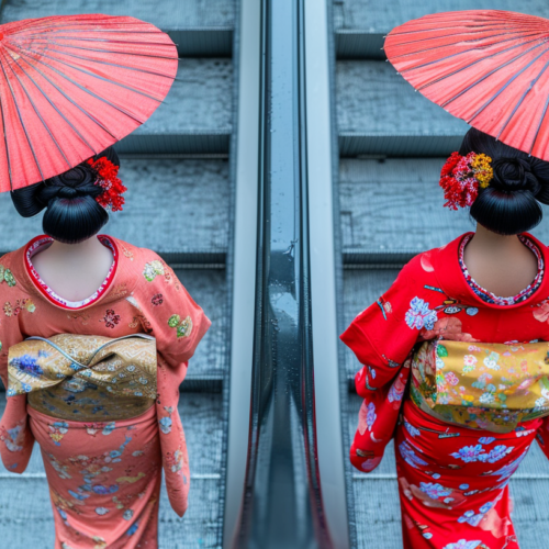 Two women in traditional Japanese kimono attire are gracefully walking down an escalator. One woman is wearing a red kimono and holding a red umbrella, while the other woman is wearing a black kimono. The women are moving elegantly, with the flow of their garments creating a beautiful visual contrast. In the background, there are hints of floral decorations and a subtle glimpse of a necklace. The scene exudes a sense of cultural charm and sophistication, capturing a moment of timeless elegance and grace in a modern setting.