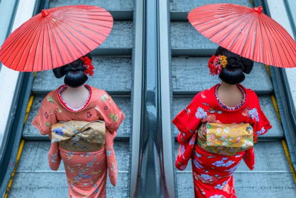 Two women in traditional Japanese kimono attire are gracefully walking down an escalator. One woman is wearing a red kimono and holding a red umbrella, while the other woman is wearing a black kimono. The women are moving elegantly, with the flow of their garments creating a beautiful visual contrast. In the background, there are hints of floral decorations and a subtle glimpse of a necklace. The scene exudes a sense of cultural charm and sophistication, capturing a moment of timeless elegance and grace in a modern setting.