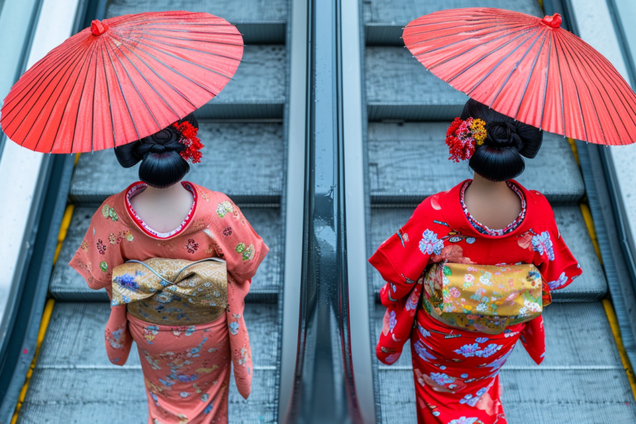 Two women in traditional Japanese kimono attire are gracefully walking down an escalator. One woman is wearing a red kimono and holding a red umbrella, while the other woman is wearing a black kimono. The women are moving elegantly, with the flow of their garments creating a beautiful visual contrast. In the background, there are hints of floral decorations and a subtle glimpse of a necklace. The scene exudes a sense of cultural charm and sophistication, capturing a moment of timeless elegance and grace in a modern setting.