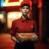 A young woman, approximately 21 years old, is seen in the image wearing a vibrant red shirt. She is holding a pizza box in her hands, potentially indicating she works as a pizza delivery person. The woman has a red hat on her head and is standing at a table, possibly outdoors at night. The image focuses on her, with her face showing clear features of a female. The color palette of the image consists of warm tones such as reds, browns, and yellows. Overall, the scene conveys a sense of nighttime pizza delivery with a festive ambiance.