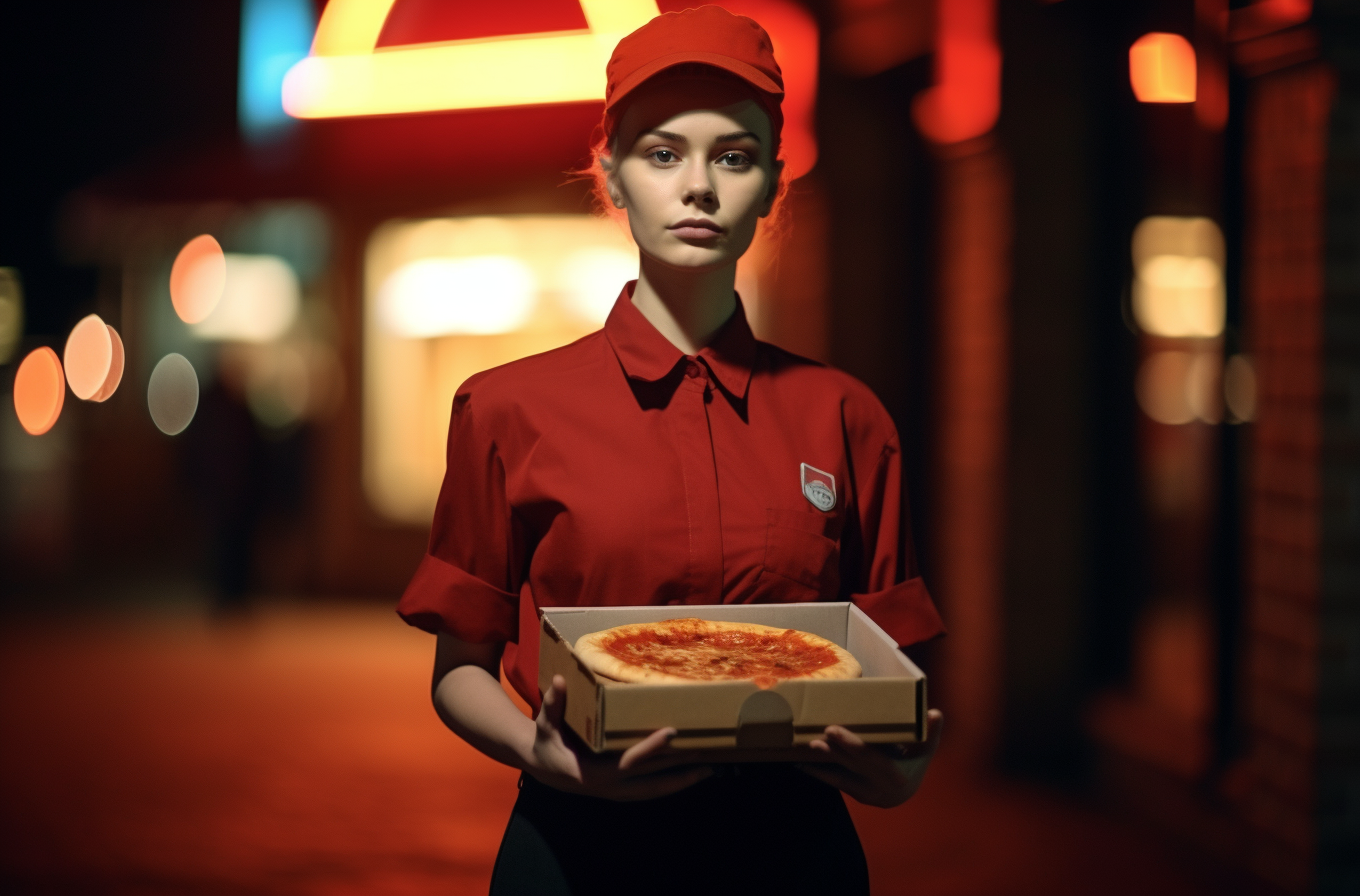 A young woman, approximately 21 years old, is seen in the image wearing a vibrant red shirt. She is holding a pizza box in her hands, potentially indicating she works as a pizza delivery person. The woman has a red hat on her head and is standing at a table, possibly outdoors at night. The image focuses on her, with her face showing clear features of a female. The color palette of the image consists of warm tones such as reds, browns, and yellows. Overall, the scene conveys a sense of nighttime pizza delivery with a festive ambiance.
