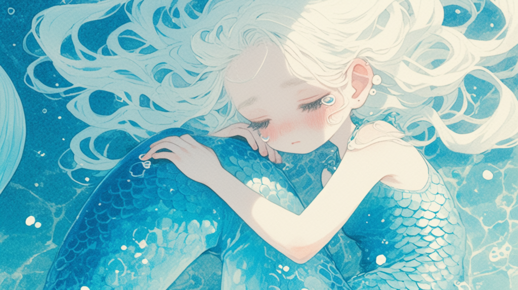 In this image, we see a beautiful painting of a mermaid with long white hair and a stunning blue dress. The mermaid is depicted embracing a young girl with blue eyes, who is hugging her affectionately. The artwork is filled with intricate details, showcasing the artist''s skill in capturing the ethereal beauty of the sea creature. The colors used in the painting are primarily shades of blue, creating a serene and enchanting atmosphere. The composition conveys a sense of harmony and connection between the mythical mermaid and the human girl, making it a captivating and emotional piece of art.