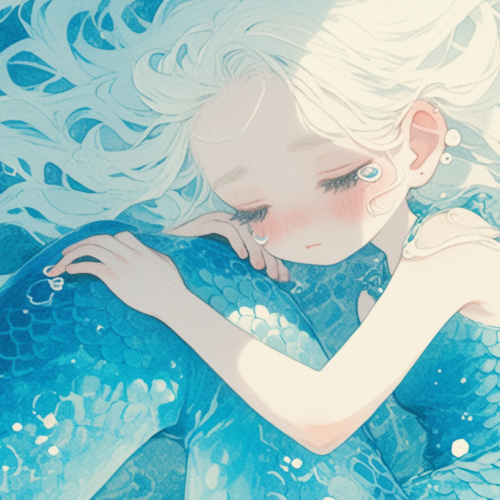In this image, we see a beautiful painting of a mermaid with long white hair and a stunning blue dress. The mermaid is depicted embracing a young girl with blue eyes, who is hugging her affectionately. The artwork is filled with intricate details, showcasing the artist''s skill in capturing the ethereal beauty of the sea creature. The colors used in the painting are primarily shades of blue, creating a serene and enchanting atmosphere. The composition conveys a sense of harmony and connection between the mythical mermaid and the human girl, making it a captivating and emotional piece of art.