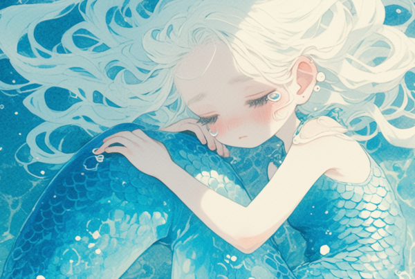 In this image, we see a beautiful painting of a mermaid with long white hair and a stunning blue dress. The mermaid is depicted embracing a young girl with blue eyes, who is hugging her affectionately. The artwork is filled with intricate details, showcasing the artist''s skill in capturing the ethereal beauty of the sea creature. The colors used in the painting are primarily shades of blue, creating a serene and enchanting atmosphere. The composition conveys a sense of harmony and connection between the mythical mermaid and the human girl, making it a captivating and emotional piece of art.