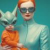 In the image, there is a woman with red hair wearing a blue suit. She is holding a baby who is wearing a bunny mask. The woman is also wearing sunglasses. The woman and the baby are the main focus of the image, with the woman holding the baby close to her. The woman''s red hair stands out against her blue suit, and the baby''s bunny mask adds a whimsical touch to the scene. The woman''s sunglasses add a stylish element to her outfit. The background is not clearly visible, as the focus is on the woman and the baby.