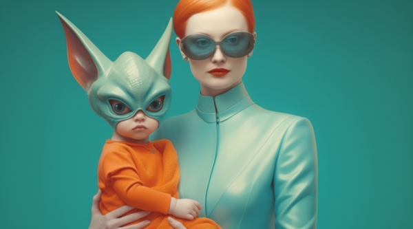 In the image, there is a woman with red hair wearing a blue suit. She is holding a baby who is wearing a bunny mask. The woman is also wearing sunglasses. The woman and the baby are the main focus of the image, with the woman holding the baby close to her. The woman''s red hair stands out against her blue suit, and the baby''s bunny mask adds a whimsical touch to the scene. The woman''s sunglasses add a stylish element to her outfit. The background is not clearly visible, as the focus is on the woman and the baby.