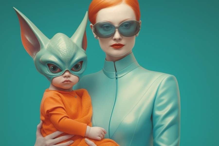In the image, there is a woman with red hair wearing a blue suit. She is holding a baby who is wearing a bunny mask. The woman is also wearing sunglasses. The woman and the baby are the main focus of the image, with the woman holding the baby close to her. The woman''s red hair stands out against her blue suit, and the baby''s bunny mask adds a whimsical touch to the scene. The woman''s sunglasses add a stylish element to her outfit. The background is not clearly visible, as the focus is on the woman and the baby.