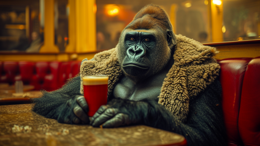 In this image, we see a gorilla sitting at a table, holding a cup of beer in its hand. The gorilla is wearing a brown coat and appears to be enjoying its drink. The table also has a bottle on it, and there is a red cup with a yellow rim placed next to the gorilla. The setting seems cozy, with warm colors dominating the scene. The gorilla''s hands and claws are visible, adding to the realism of the moment. Overall, it portrays a whimsical and amusing scene of a gorilla enjoying a drink at a table