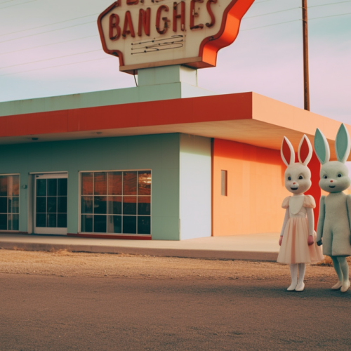 In this image, we see two individuals dressed in bunny suits standing in front of a building. One of them is wearing a pink dress and a bow tie. The building behind them is colorful and has a fire hydrant in front of it. There are also street lights visible in the background. One person is standing to the left of the frame, while the other is slightly to the right. The scene gives off a whimsical and playful vibe, with the individuals'' costumes adding a touch of humor to the overall composition. The desert landscape in the background adds to the quirky and surreal atmosphere of the image.