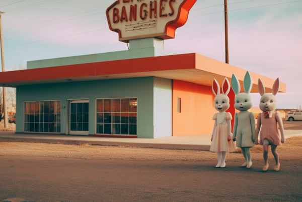 In this image, we see two individuals dressed in bunny suits standing in front of a building. One of them is wearing a pink dress and a bow tie. The building behind them is colorful and has a fire hydrant in front of it. There are also street lights visible in the background. One person is standing to the left of the frame, while the other is slightly to the right. The scene gives off a whimsical and playful vibe, with the individuals'' costumes adding a touch of humor to the overall composition. The desert landscape in the background adds to the quirky and surreal atmosphere of the image.