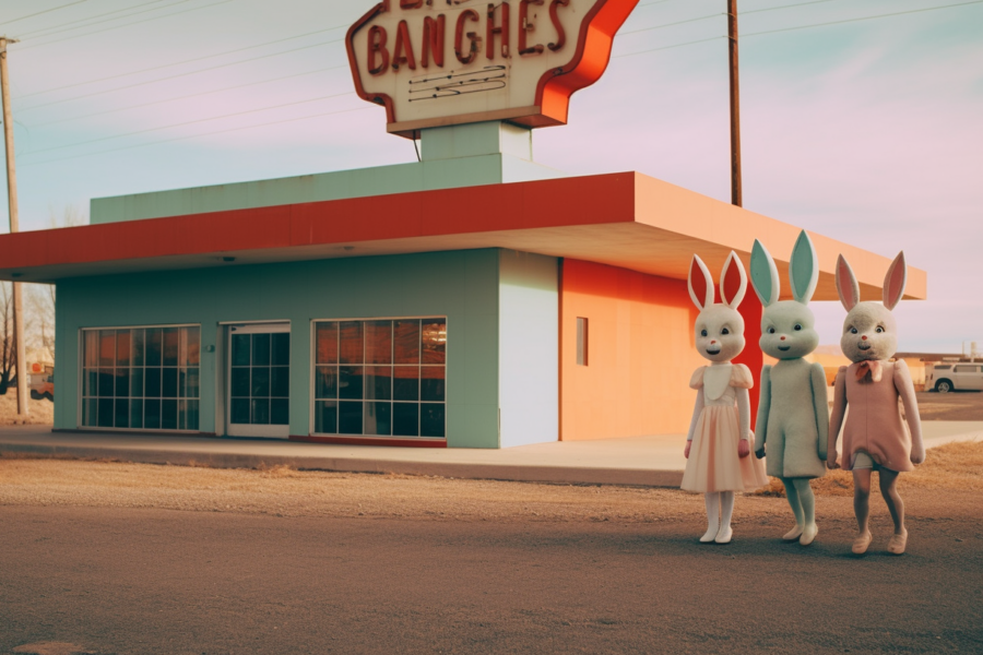 In this image, we see two individuals dressed in bunny suits standing in front of a building. One of them is wearing a pink dress and a bow tie. The building behind them is colorful and has a fire hydrant in front of it. There are also street lights visible in the background. One person is standing to the left of the frame, while the other is slightly to the right. The scene gives off a whimsical and playful vibe, with the individuals'' costumes adding a touch of humor to the overall composition. The desert landscape in the background adds to the quirky and surreal atmosphere of the image.