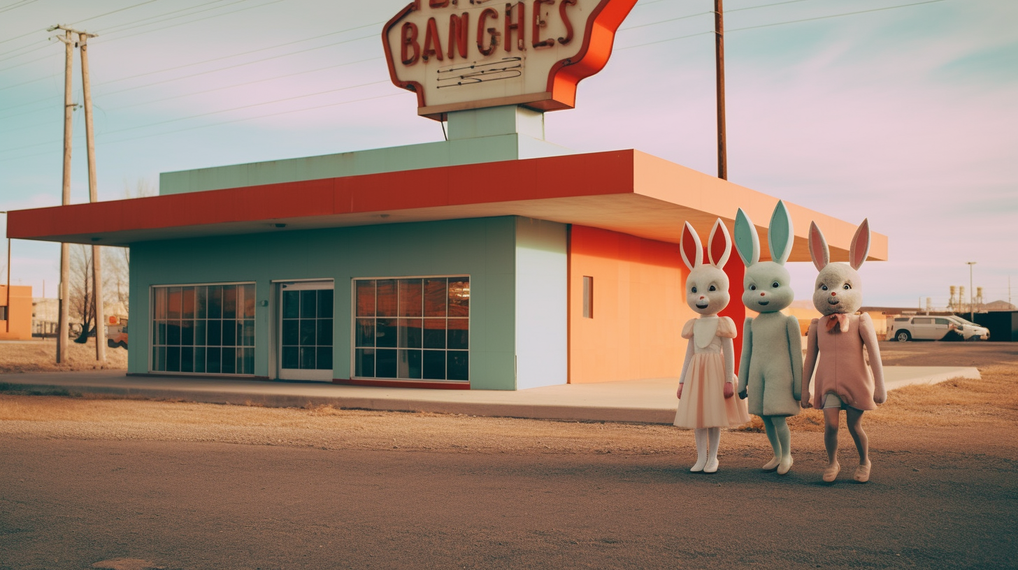 In this image, we see two individuals dressed in bunny suits standing in front of a building. One of them is wearing a pink dress and a bow tie. The building behind them is colorful and has a fire hydrant in front of it. There are also street lights visible in the background. One person is standing to the left of the frame, while the other is slightly to the right. The scene gives off a whimsical and playful vibe, with the individuals'' costumes adding a touch of humor to the overall composition. The desert landscape in the background adds to the quirky and surreal atmosphere of the image.