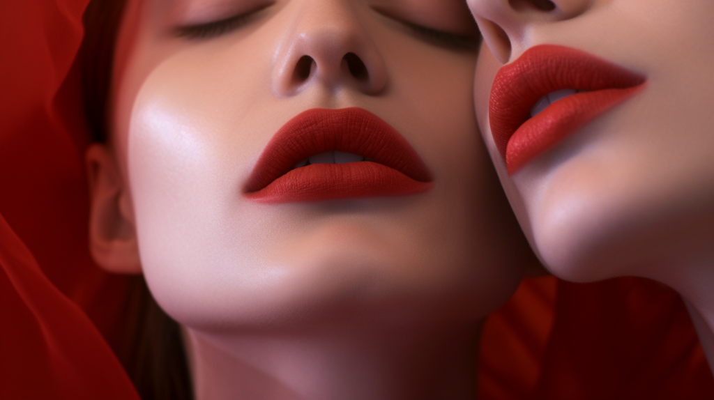 In this image, two women with red lipstick are posing for a picture. One woman is in the foreground, with a close-up of her face showing her luscious red lips and striking red lipstick. The other woman is slightly in the background, also wearing red lipstick. Both women have a glamorous and confident demeanor. The image is focused on the beauty and allure of the women''s faces, highlighting their bold makeup choices. The women''s red lipstick stands out against their skin tones, adding a vibrant pop of color to the composition.