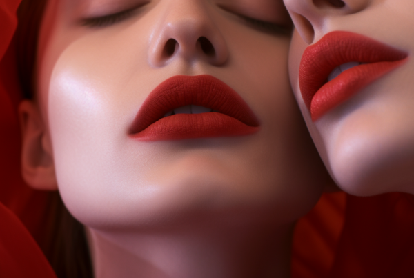 In this image, two women with red lipstick are posing for a picture. One woman is in the foreground, with a close-up of her face showing her luscious red lips and striking red lipstick. The other woman is slightly in the background, also wearing red lipstick. Both women have a glamorous and confident demeanor. The image is focused on the beauty and allure of the women''s faces, highlighting their bold makeup choices. The women''s red lipstick stands out against their skin tones, adding a vibrant pop of color to the composition.