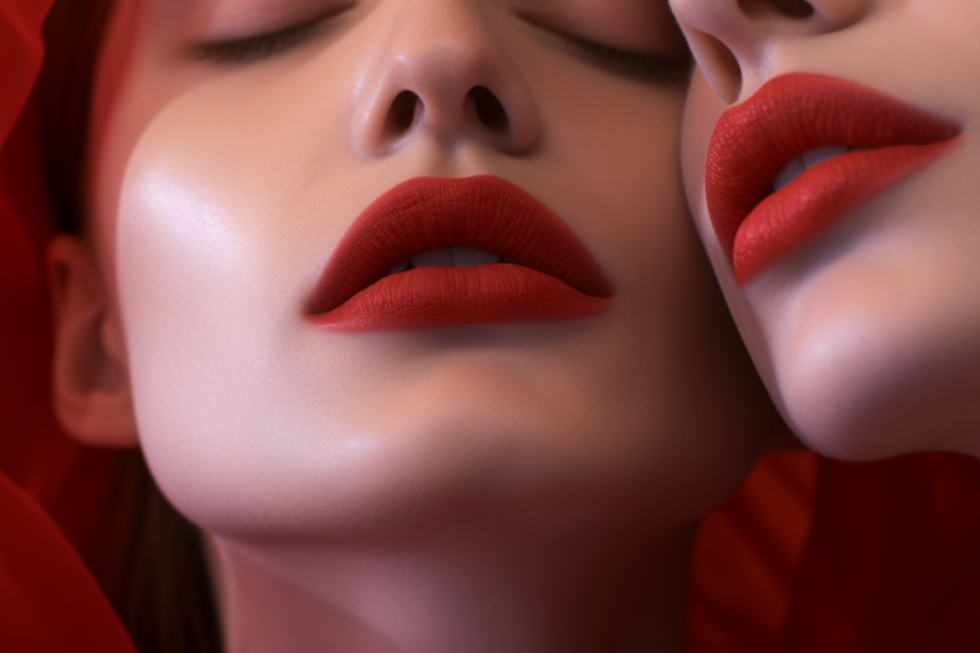 In this image, two women with red lipstick are posing for a picture. One woman is in the foreground, with a close-up of her face showing her luscious red lips and striking red lipstick. The other woman is slightly in the background, also wearing red lipstick. Both women have a glamorous and confident demeanor. The image is focused on the beauty and allure of the women''s faces, highlighting their bold makeup choices. The women''s red lipstick stands out against their skin tones, adding a vibrant pop of color to the composition.