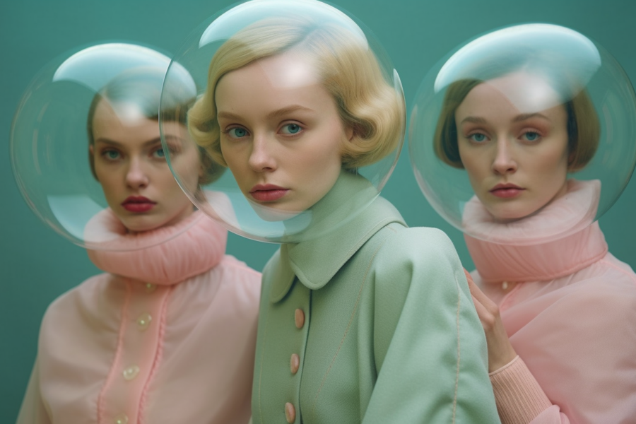 In this image, we see three women wearing space suits and helmets. The women are standing in different positions, with one woman in the center and the other two on the right side of the image. The women are wearing white space suits with pink accents, including a pink collar on their shirts. They are all wearing helmets, which are large and clear, allowing us to see their faces inside. The women appear confident and ready for a space mission. The background is a neutral color, allowing the focus to be on the women and their space suits.