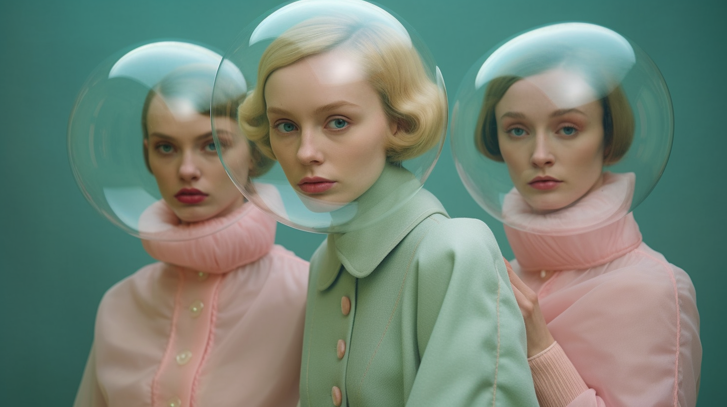 In this image, we see three women wearing space suits and helmets. The women are standing in different positions, with one woman in the center and the other two on the right side of the image. The women are wearing white space suits with pink accents, including a pink collar on their shirts. They are all wearing helmets, which are large and clear, allowing us to see their faces inside. The women appear confident and ready for a space mission. The background is a neutral color, allowing the focus to be on the women and their space suits.